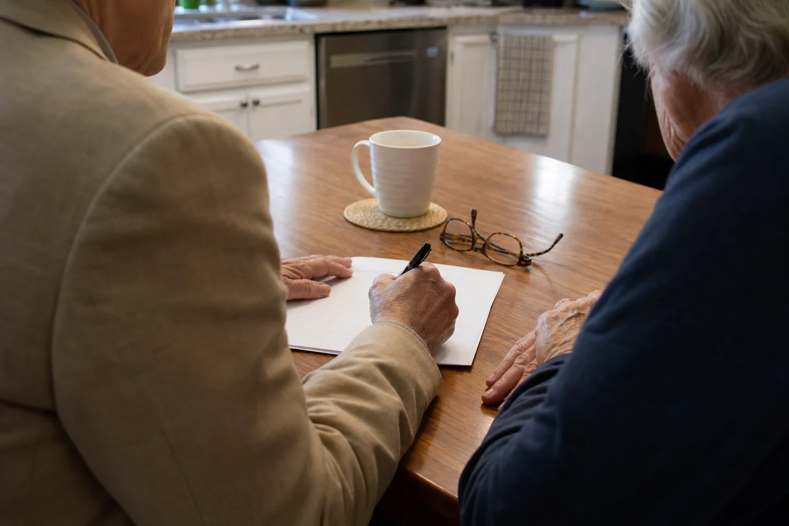 Two older adults seated at a wooden kitchen table, one in a tan blazer writing on a sheet of paper, with a white mug and reading glasses nearby