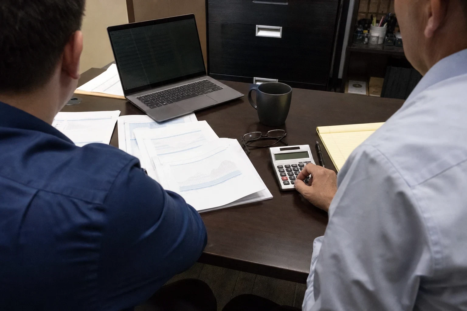 Two men seen from behind at an office desk reviewing printed statements, one entering figures on a calculator beside a laptop, notepad, glasses and mug