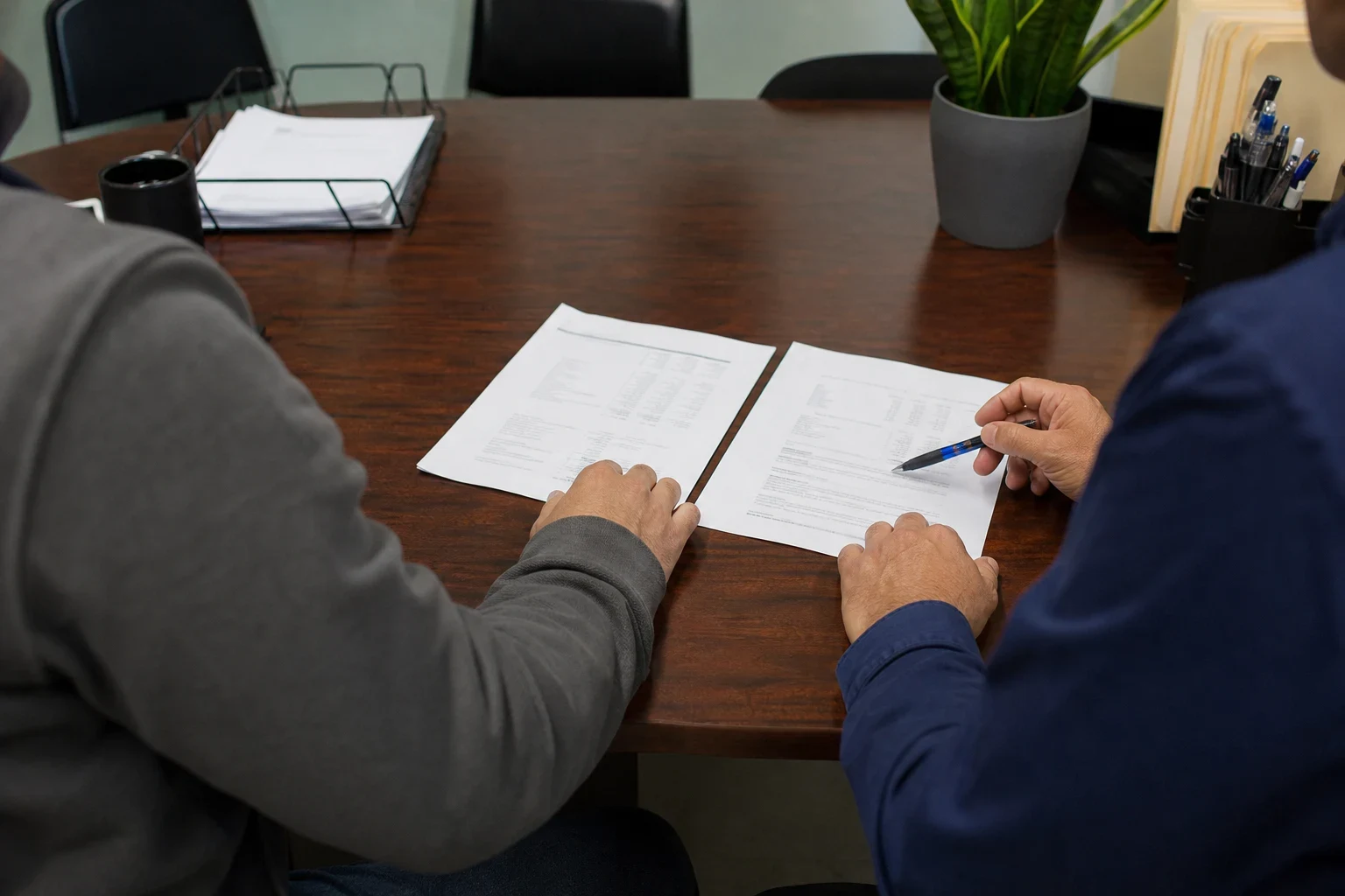 Two people seated at a wooden office table reviewing two printed documents side by side, one pointing with a pen, with a paper tray, plant and pen holder nearby